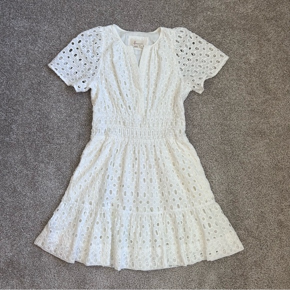Anthropologie Maeve White Eyelet Puff Sleeve Smocked Waist Mini Dress Size 0 - Picture 4 of 15